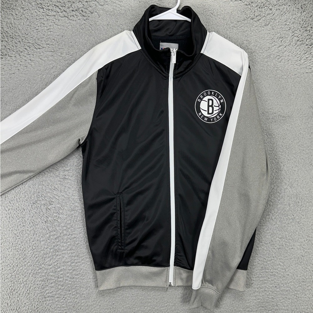 Brooklyn Nets Men Full Zip Jacket Large Black White Fleece Lined Long Sleeve NBA